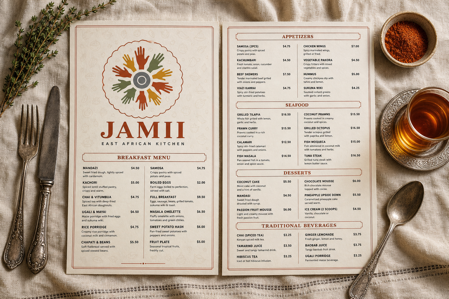 Walia East African restaurant menu design