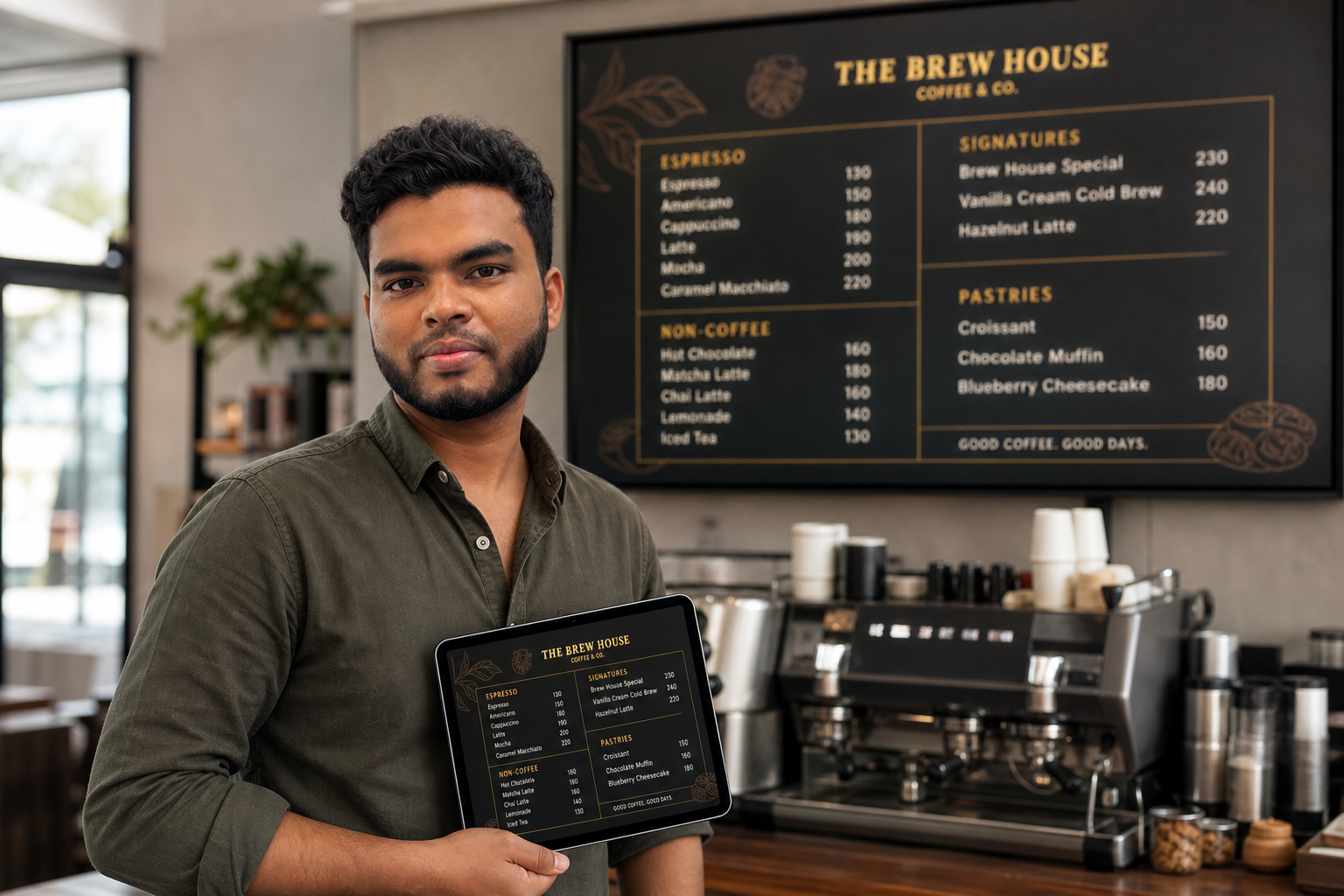 Fakhar Uddin holding a tablet showing a coffee shop menu layout in front of the matching digital menu board