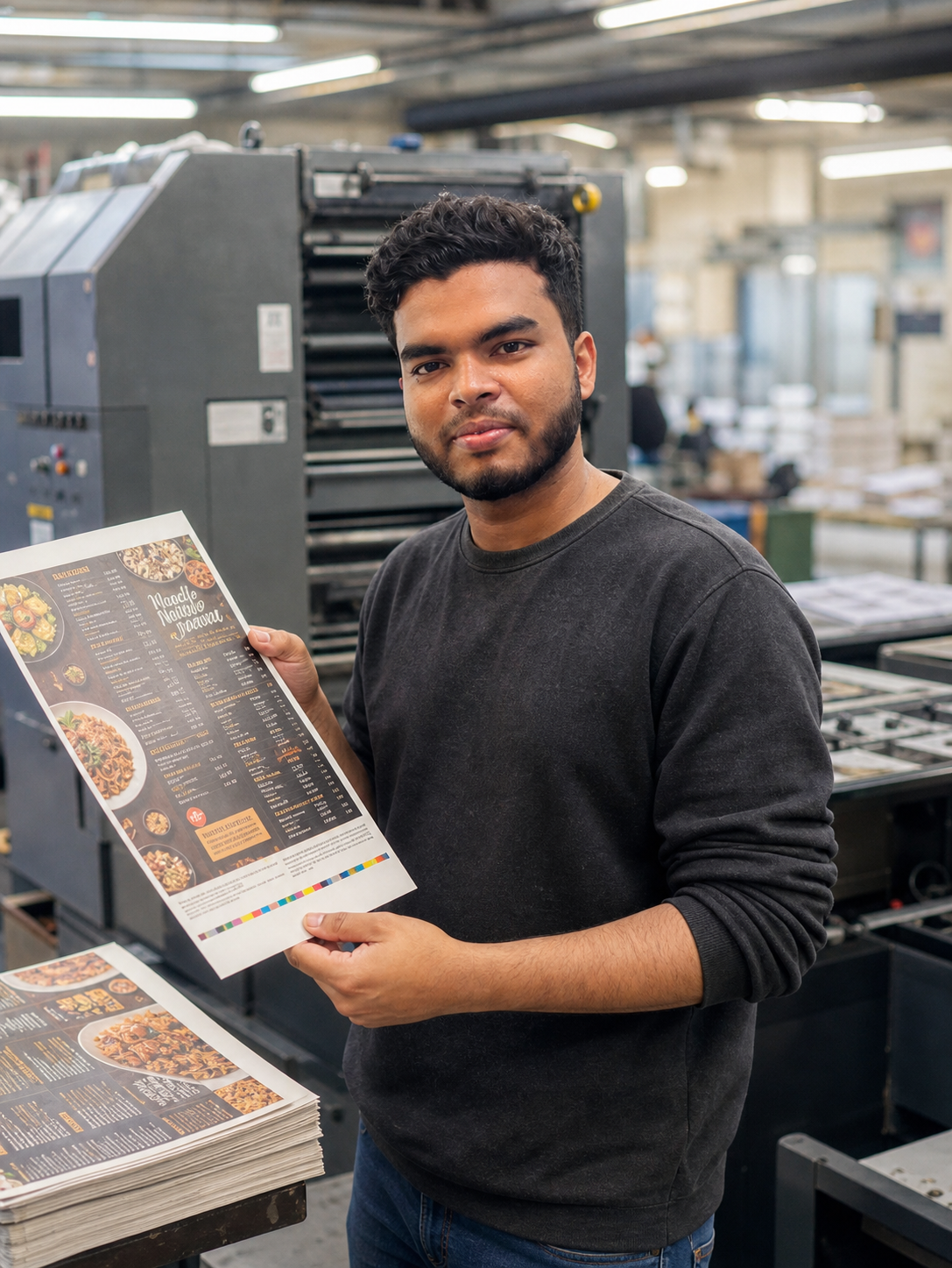 Fakhar Uddin checking a printed restaurant menu proof beside an offset printing press