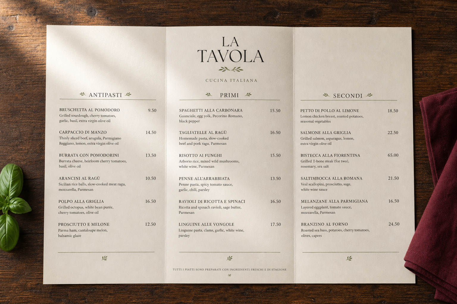 Rosendale Collective Italian menu brochure design