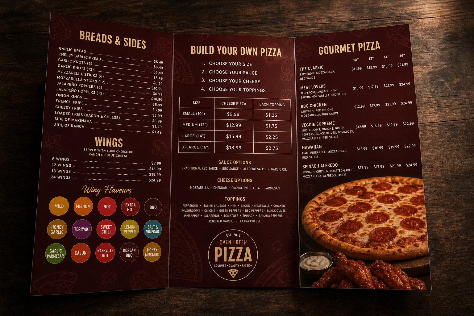 Fox's Pizza Den trifold menu design