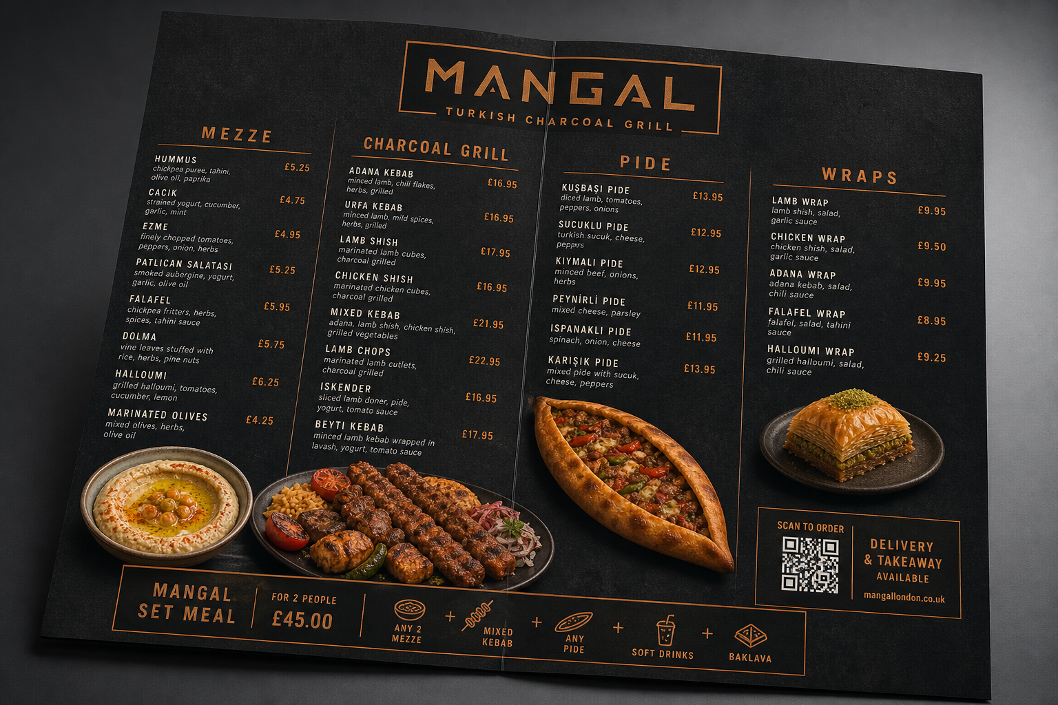 Moza's Kitchen Turkish and Mediterranean gatefold menu