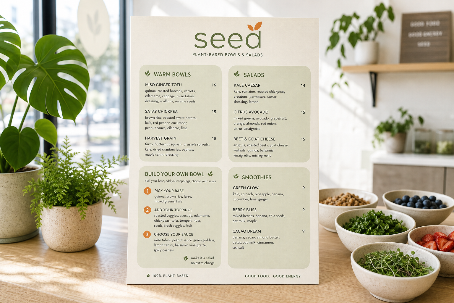 Green and Good plant-based restaurant menu